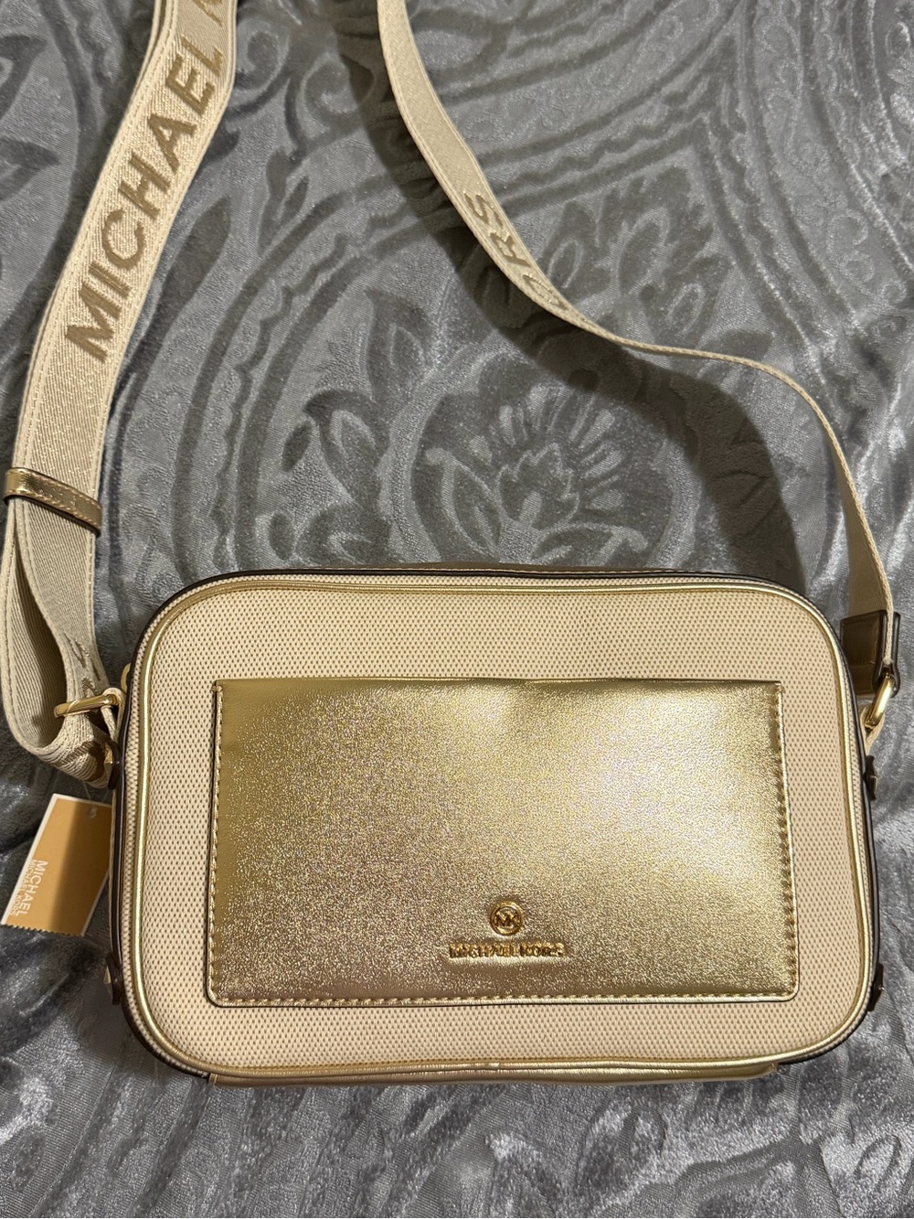 Michael Kors Metallic Gold Crossbody Camera Bag with Logo Strap - Picture 2 of 4